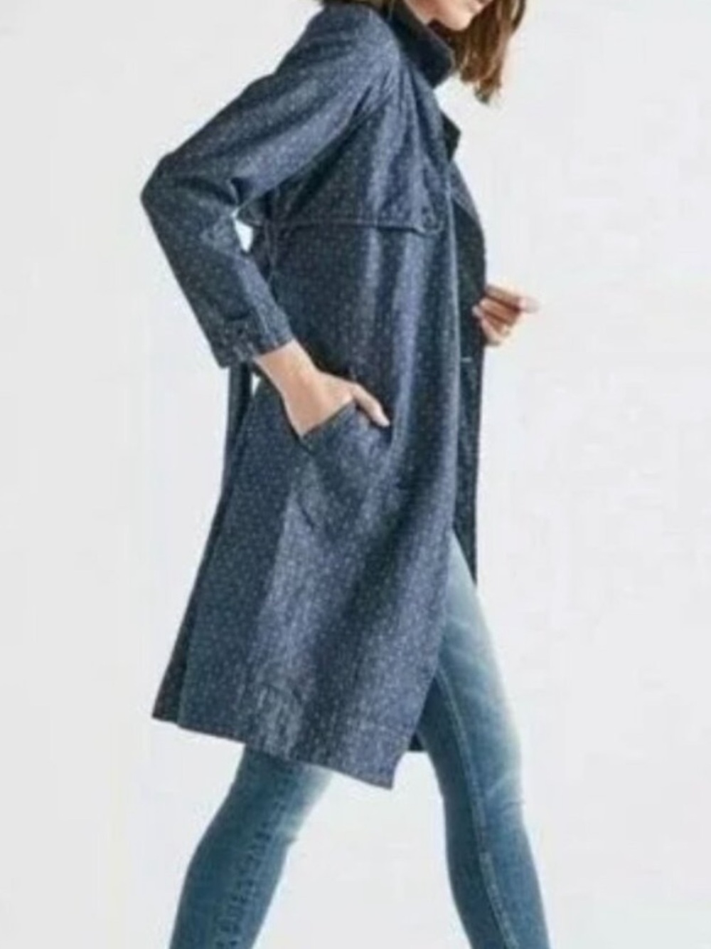 Lucky Brand The Polka Dot Trench Coat Blue White Button Down True Indigo SZ XL